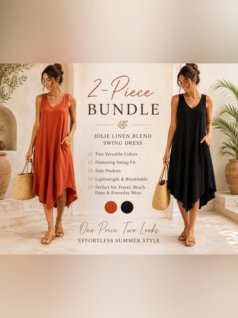 Jolie Linen Blend Swing Dress Bundle Black & Orange Midi Pockets M